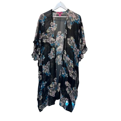 Betsey Johnson Cover Up Feminino Tamanho Único Preto Floral Manga Babado Frente Aberta - Imagem 1 de 4