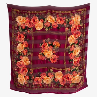 Vintage 80s Pierre Balmain Floral & Equestrian Buckle Print Red Silk Scarf Shawl - Image 1 of 2