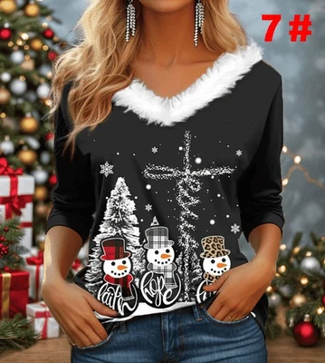 2025Women's CHRISTMAS Tops Xmas Faux Fur Jumper Shirts Pullover Blouse Plus Size - Image 1 of 4