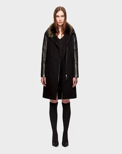 RUDSAK MESSINA COAT BLACK CASHMERE WOOL RACCOON FUR LEATHER SLEEVE JACKET-L - Picture 1 of 12