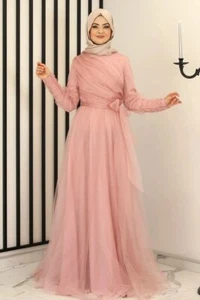Tüllkleid Langärmliges Maxikleid Damen Muslimisches Abendkleid Abaya Abiye - Bild 1 von 21