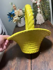 Vintage ‘77 Signed Handmade Yellow Ceramic Easter Basket Floral Planter 9" Tall - Picture 1 of 10