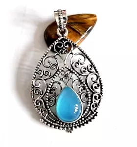 Charm ciondolo ossidato pietra preziosa sfusa calcedonio blu placcato argento... - Foto 1 di 4