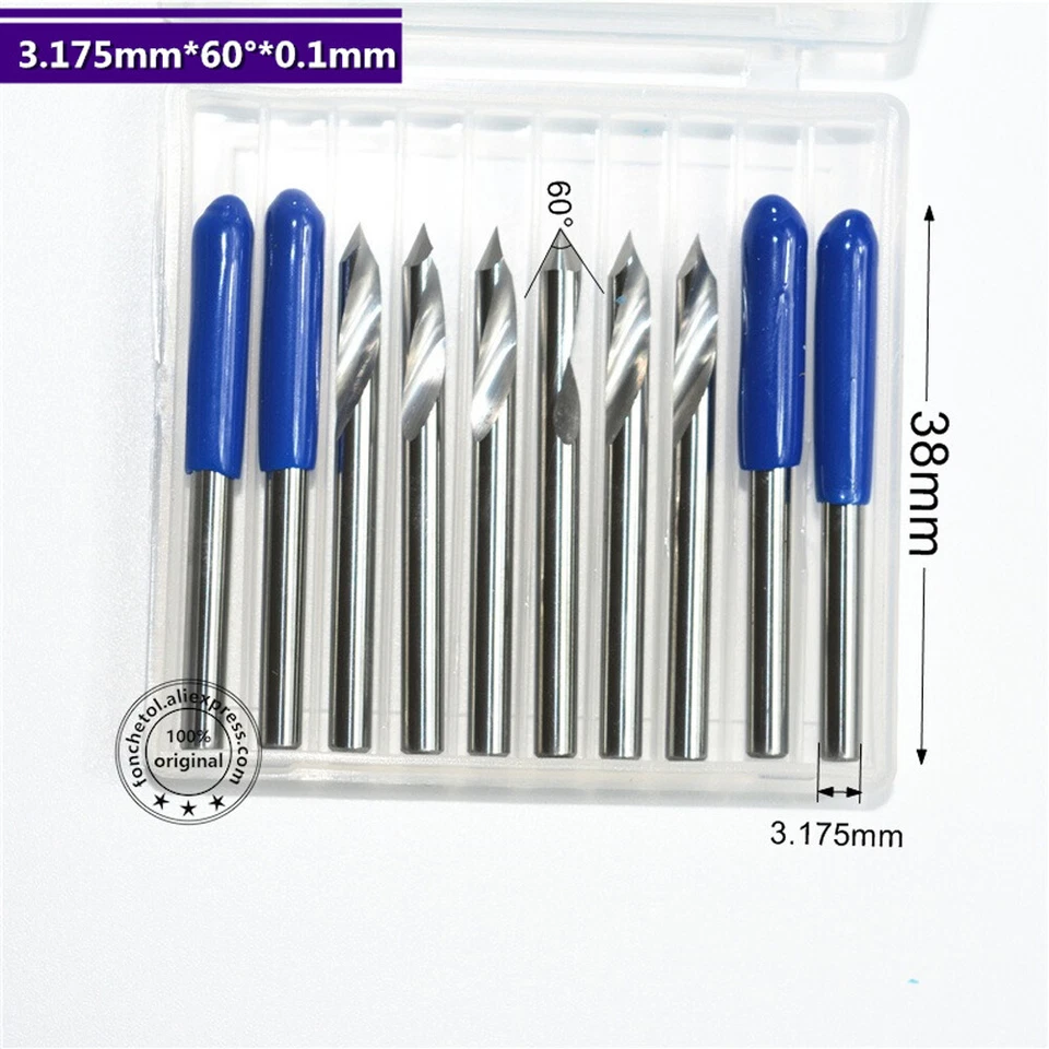 0.1mm Tip 3.175x60 Degree V Groove 1Flute Spiral Carbide Engraving Bit for Metal - Image 1 of 4