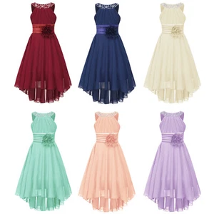 Kids Flower Girl Party Dress Junior Wedding Bridesmaid Gown High Low Hem Dresses - Picture 1 of 42