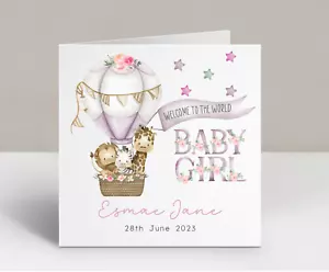 Personalised New Baby Girl Card Welcome to the World Hot air Balloon Zoo Animals - Picture 1 of 2