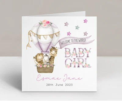 Personalised New Baby Girl Card Welcome to the World Hot air Balloon Zoo Animals - Image 1 of 2