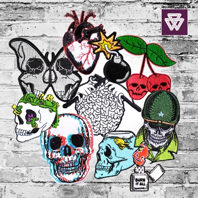 Bundle of 10 Embroidered Patches – Skulls, Moths, Cherries | Punk & Alternative - Image 1 of 4
