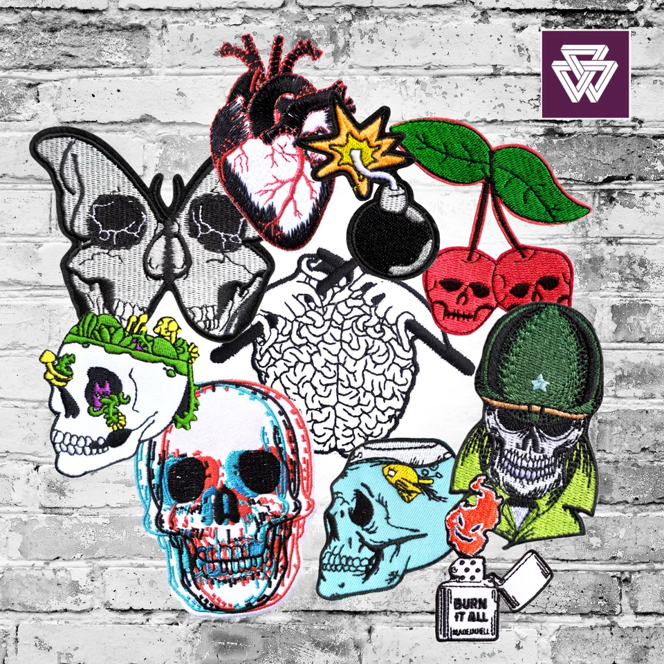 Bundle of 10 Embroidered Patches – Skulls, Moths, Cherries | Punk & Alternative - Image 1 of 4
