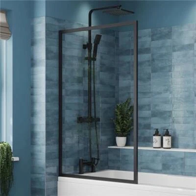 LUXURA Square Fixed Bath Shower Screen 800mm - Matt Black 6mm Glass Thickness