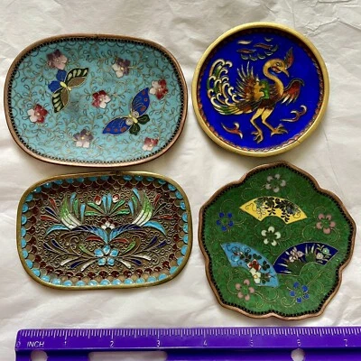 4 Small Cloisonne Dishes Fan, Butterfly, Phoenix, Open Work - Image 1 of 4