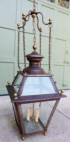 RARE LARGE PENDANT LANTERN Metal Brass & GLASS PANELED - FRENCH ANTIQUE 1860 Cover