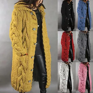 Women's Long Cardigan Coats Cable Knit Casual Open Front Loose Sweater Pockets - Picture 1 of 19