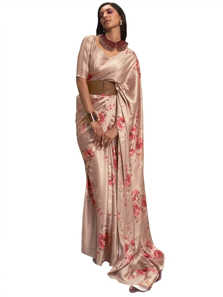 Sari para mujer Banarasi satinado seda estampado floral con pieza blusa sin costuras Foto 1 de 4