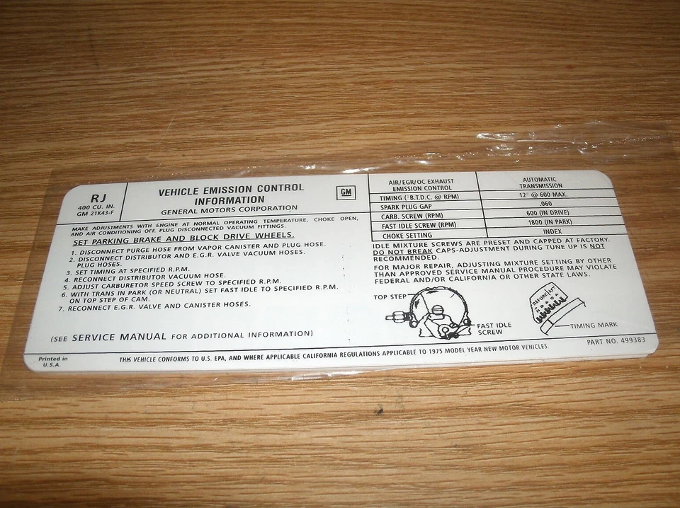 1975 PONTIAC FIREBIRD GRAND AM PRIX LEMANS SAFARI 400 ENGINE EMISSIONS DECAL NEW - Image 1 of 1