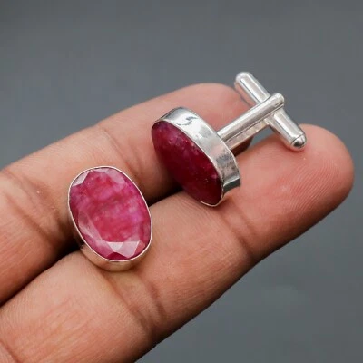 Kashmiri Ruby Gemstone .925 Sterling Silver Handmade Jewelry Cufflinks - Image 1 of 4