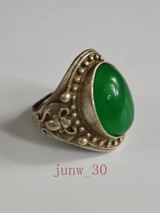 Collect old Chinese Tibetan Silver Hand inlaid jade rings made in Qianlong - Picture 1 of 9