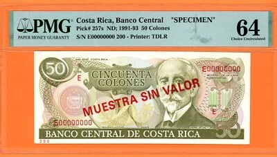 COSTA RICA SPECIMEN  50 COLONES ND ( 1991-93 )   PICK # 257s  PMG 64 CHOICE UNC. - Image 1 of 2