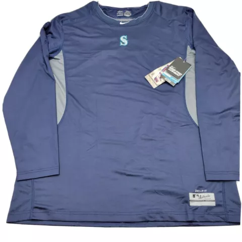 Nike Pro Combat Dri-Fit Mens 2XL Blue MLB Seattle Mariners Long Sleeve Shirt NWT Cover