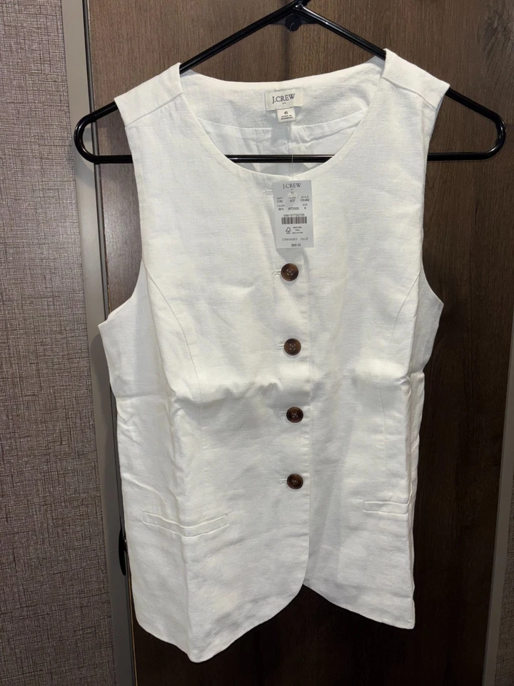 J. Crew Women's Long Button Front Vest, Size 6, White - Image 1 of 3