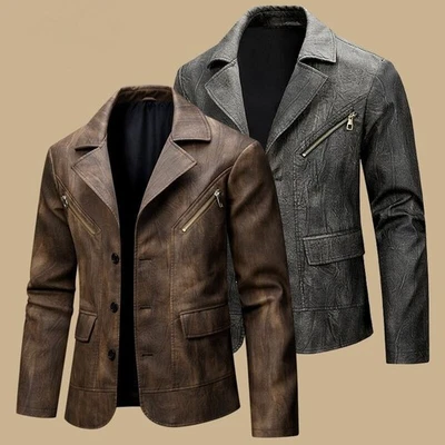 Men's leather suit motorcycle lapel retro PU leather jacket slim fit jacket - Image 1 of 4