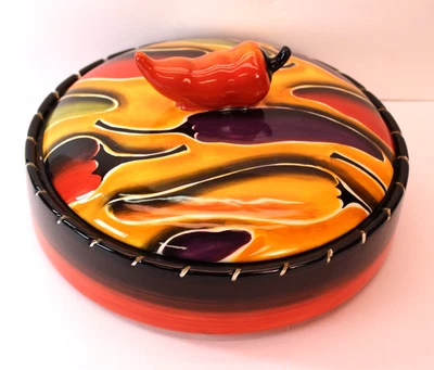 Vtg Clay Art Hand Painted Chili Fiesta Ceramic Tortilla Warmer Dish Lid 10" 2003 - Image 1 of 4