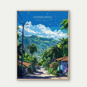 Arte de pared con impresión de póster de viaje de palmeras y montañas de Honduras paisaje - Imagen 1 de 2