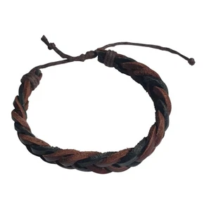Braided Adjustable Leather Bracelet Black Brown Handmade Cord Tie Rustic Style - Picture 1 of 4
