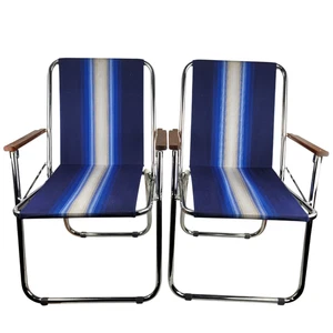 Pair Vintage Retro Blue Striped Airstream RV Folding Lawn Chairs Italy - Picture 1 of 13