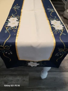 Weihnachten weißer Weihnachtsstern marineblau/gold elegant Tischläufer Band 104 x 17 - Bild 1 von 16