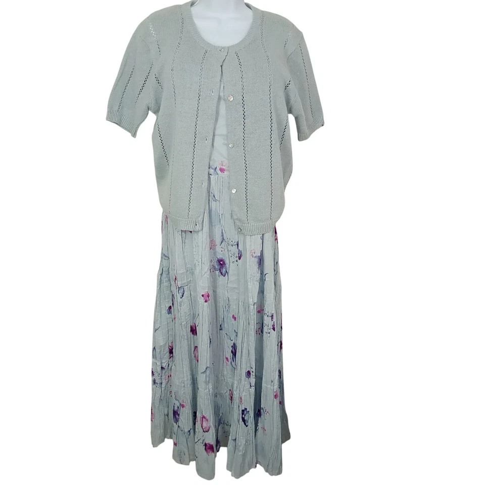 Vintage 90s 2-pc Set Floral Tank Dress & Cardigan Sweater Knit Linen Cotton M/L - Image 1 of 4