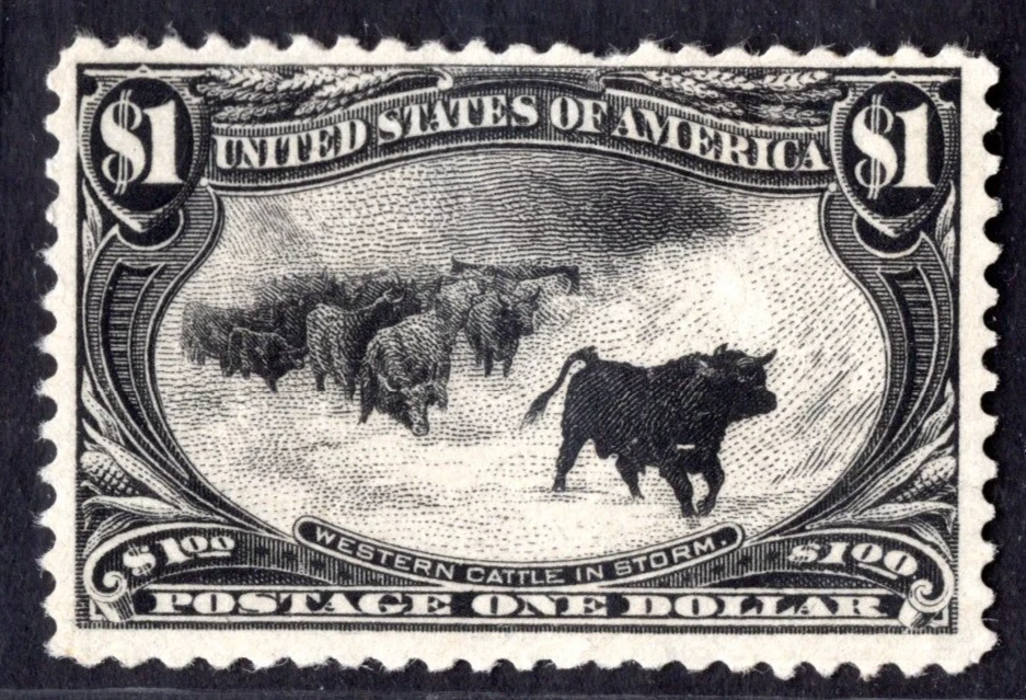 US 1898 WESTERN CATTLE IN STORM $1.00 SCOTT #292 MINT ORIGINAL GUM LIGHT HINGE - Image 1 of 2