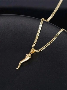 Gold Necklace With Horn Pendant - Brings Good Luck & Protection To Wearer - Picture 1 of 5