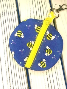 Round Coin Purse/Pacifier/ Earbuds/ Lobster Clasp/ Bumble Bees/ Yellow/ Blue - Picture 1 of 3