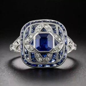 Art Deco Stil Smaragd Saphir & Lab Created Diamant 14k Weißgold Finish Ring - Bild 1 von 4