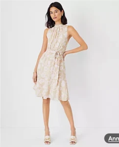 NWOT Ann Taylor Women's Beige White Floral Belted Halter Flare Dress Size 10 FX8 - Picture 1 of 16