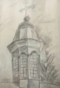 Pintura a lápiz vintage paisaje iglesia - Imagen 1 de 10