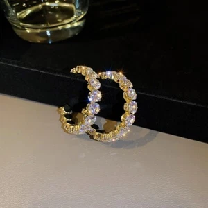 Round Earrings Hoop Crystal White Large Big Rhinestone Gold Plated Zircon Gift - Picture 1 of 1