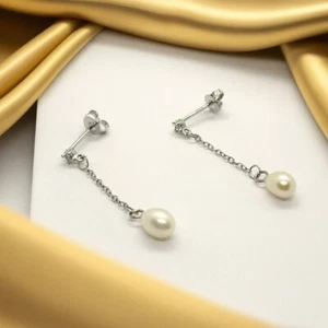 Elegant 35mm Silver Stud Drop Earrings With Pearl & Crystal Women's Accessories - Picture 1 of 4