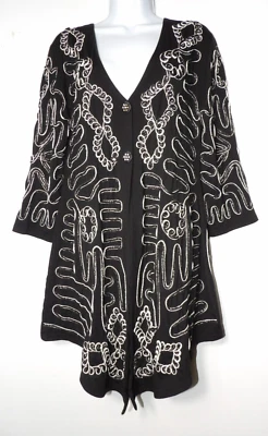 Cárdigan Yaze Hecho a Mano Med Cuentas Bordado Negro Dobladillo Asimétrico Artístico Boho Foto 1 de 4