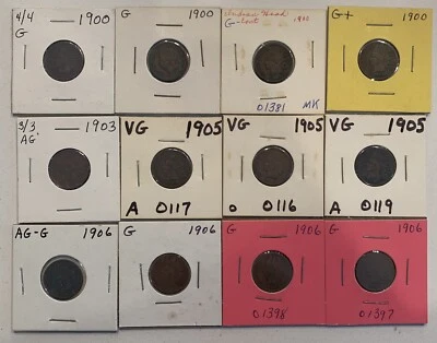 Indian Head Penny LOT OF 12 COINS 1900 X4, 1903 X1, 1905 X3 and 1906 X4 - Image 1 of 4