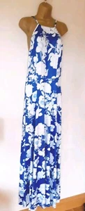 Coast Halter Neck Blue Maxi Dress Sz L New! Holiday Summer Floral Stretchy - Picture 1 of 11