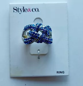 Macy's Style & Co Blue Crystal Pave Knot Silver Tone Metal Stretch Ring New! - Picture 1 of 4