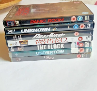 7 x Crime Thriller DVDs Panic Room Unknown Dead Awake American Psycho 2 Flock - Image 1 of 4