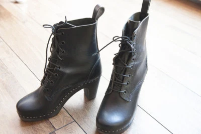 Swedish Hasbeens Black Leather Clog Granny Style Lace Up Boot, EU 37, US 6.5  - Image 1 of 4