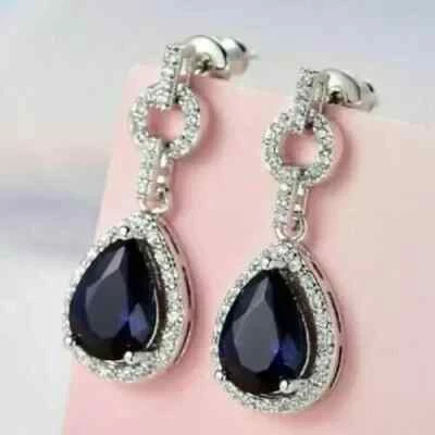 2.10Ct Pear Cut Lab-Created Sapphire Women's Drop Earring 14K White Gold Plated - Image 1 of 4