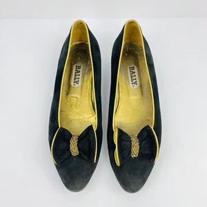 VTG BALLY Women Black Gold Suede Leather Bow Flat Shoes Size 8.5 ITALY - Picture 1 of 7