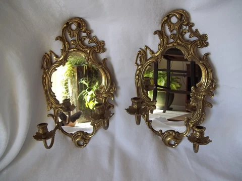 Vintage Pair of Brass Mirror 2-Candle Holders Ornate Wall Sconces 18.5" x 10" Cover