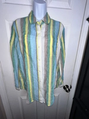 Camisa Lord & Taylor Mujer X Pequeña 100% Lino Abotonada Azul Pastel Rayas XS Foto 1 de 4