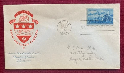 JOHN'S DEAL - EE. UU. 1951 FDC SC #1000 ATERRIZAJE DE CADILLAC - BUTZEN CACHET Foto 1 de 2